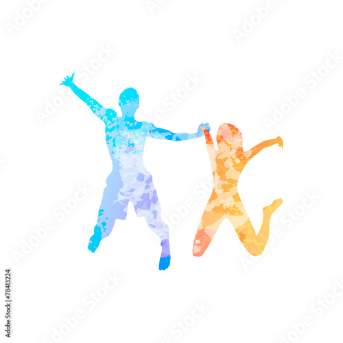 Couple man and woman holding hands jump colorful silhouette