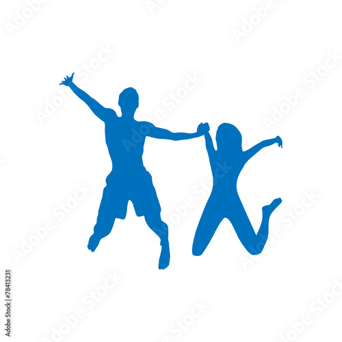 Couple man and woman holding hands jump silhouette