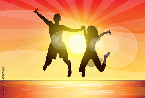 Couple man and woman holding hands jump silhouette, flat design