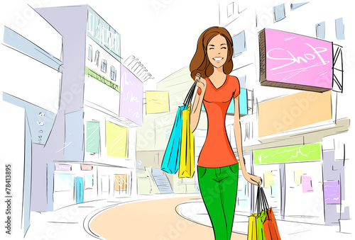 shopping woman on city street street draw sketch shops colorful