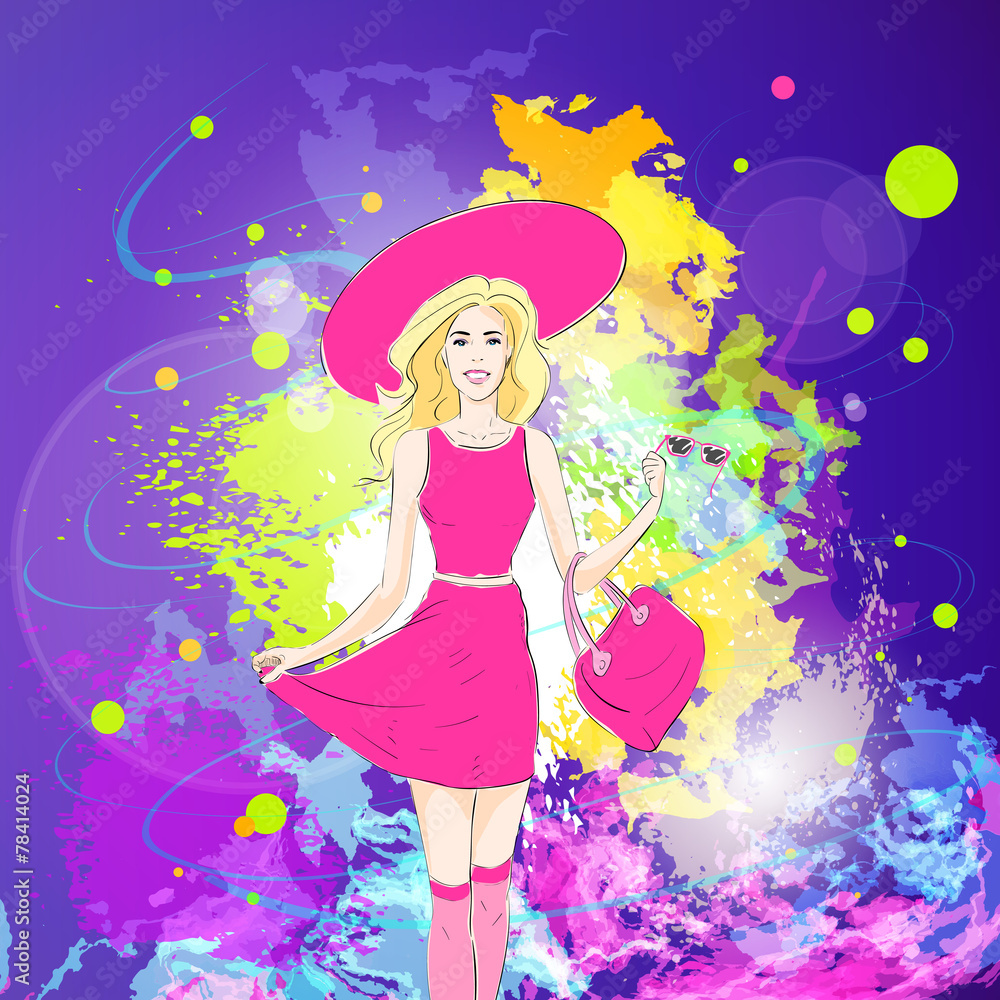 fashion woman in pink dress, hat and stocking over colorful pain fashion woman in pink dress, hat and stocking over colorful pain