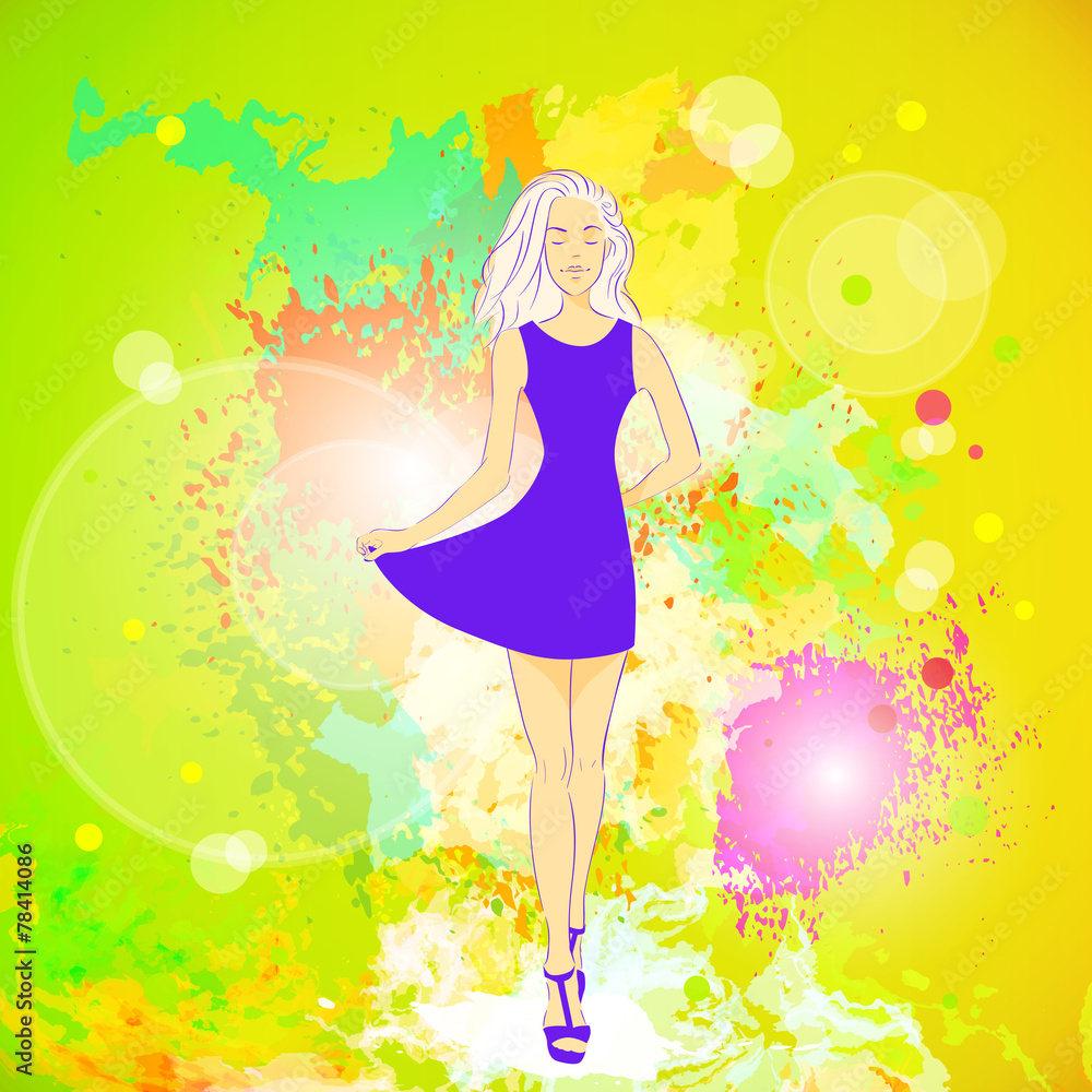 fashion woman dress, over colorful pain splash fashion woman dress, over colorful pain splash