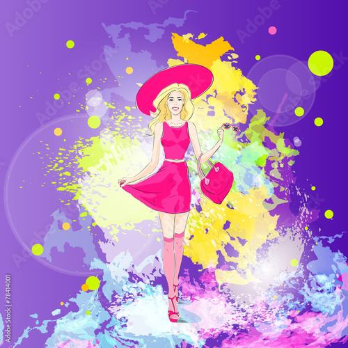 fashion woman in pink dress, hat and stocking over colorful pain