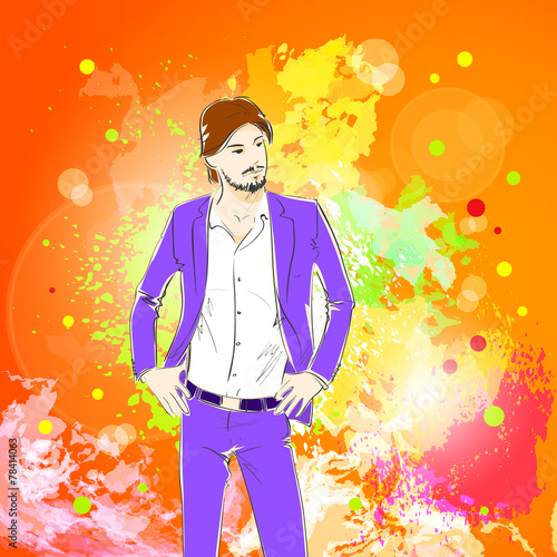 Fashion man over colorful pain splash background, male model