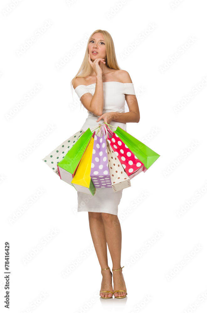 Woman with shopping bags isolated on white Woman with shopping bags isolated on white