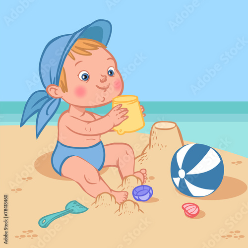Funny cute cartoon baby playing on the beach.Vector illustration