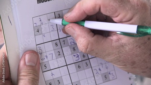Close up of person playing sudoku with a pen.