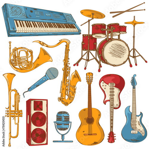 Set of isolated colorful musical instruments