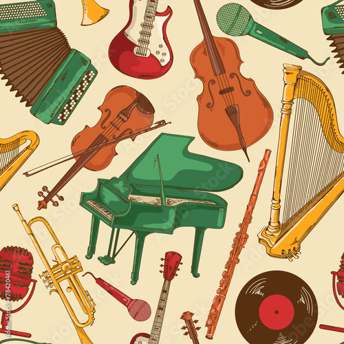 Seamless pattern of colorful musical instruments