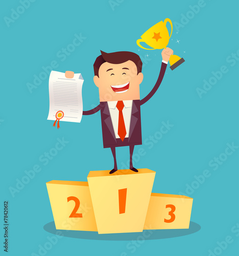 Businessman proudly standing on the winning podium