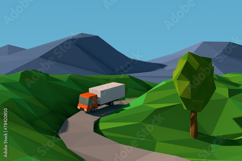 low poly style landscape with truck on the road