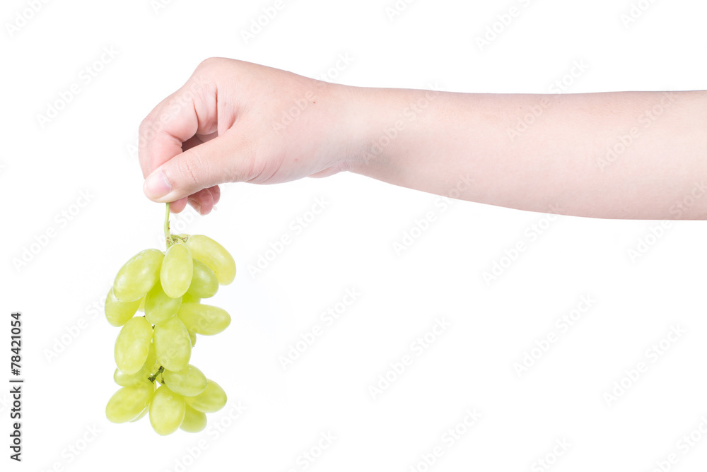 Man hand holding bunch of green grapes, Isolated Man hand holding bunch of green grapes, Isolated