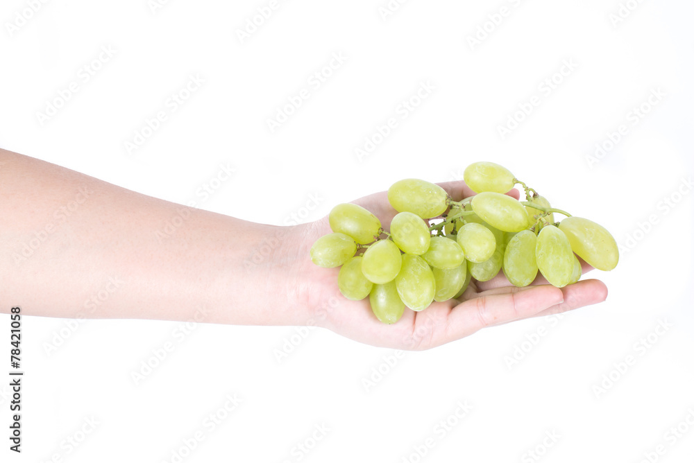 Man hand holding bunch of green grapes, Isolated Man hand holding bunch of green grapes, Isolated