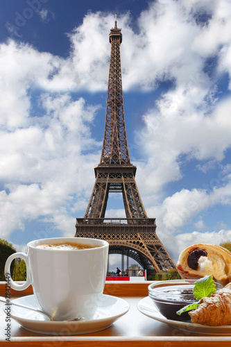 Coffee with croissants against Eiffel Tower in Paris  France