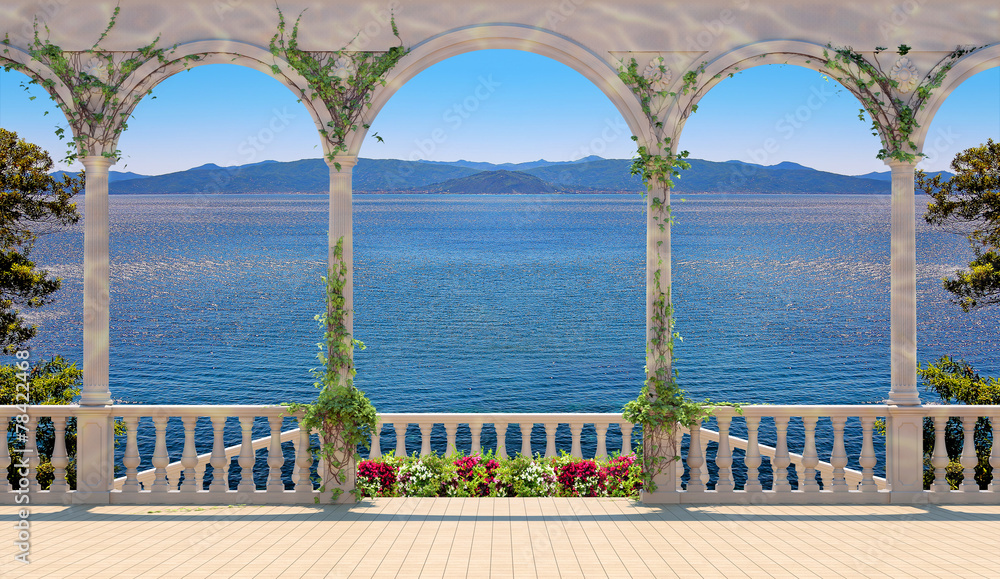 Terrace with balustrade overlooking the sea and mountains