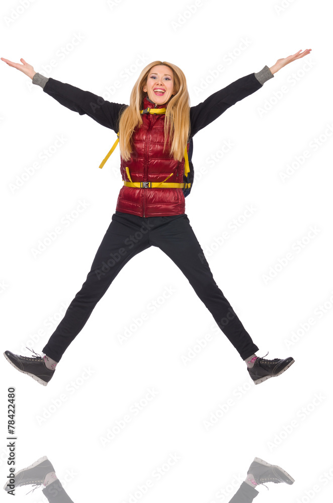 Obraz premium Young woman student with backpack isolated on white