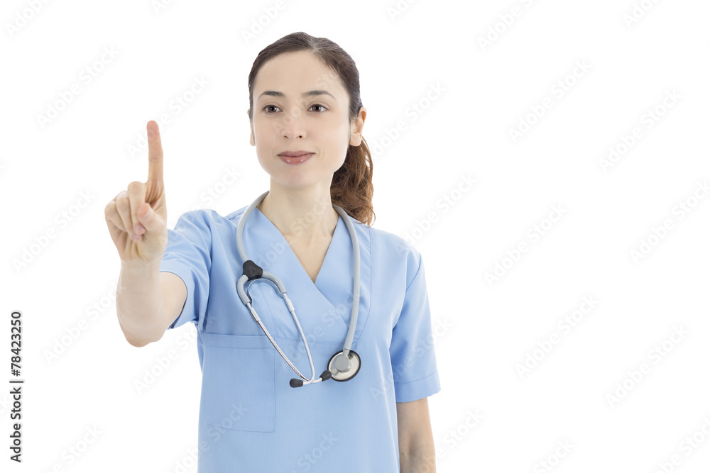 Female nurse or doctor pushing a button Female nurse or doctor pushing a button