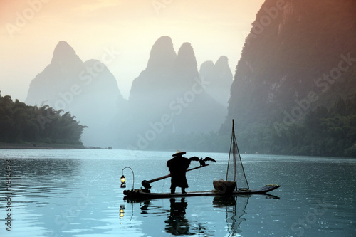 Chinese man fishing with cormorants birds © konstantant