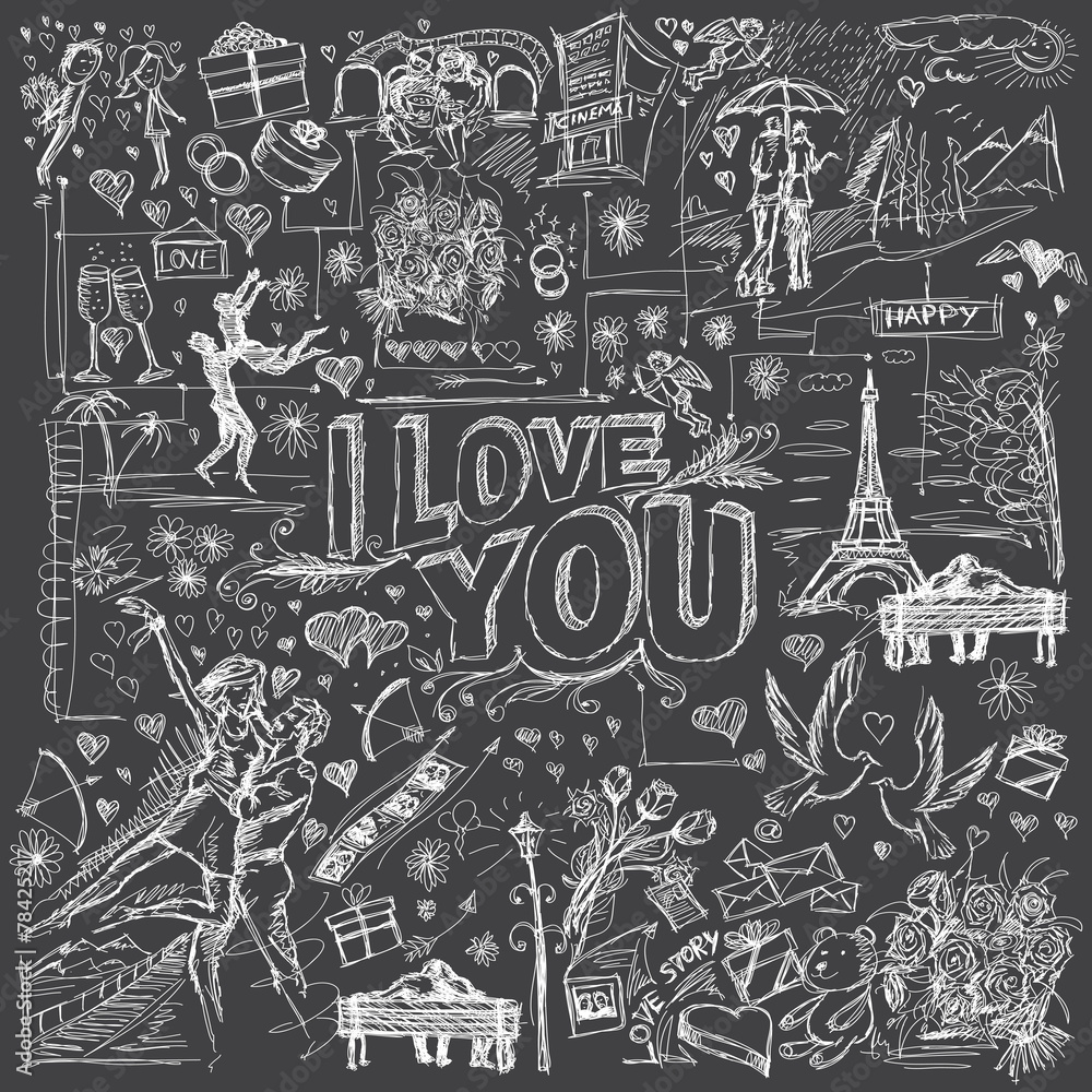 Fototapeta premium Vector sketch background with love story elements