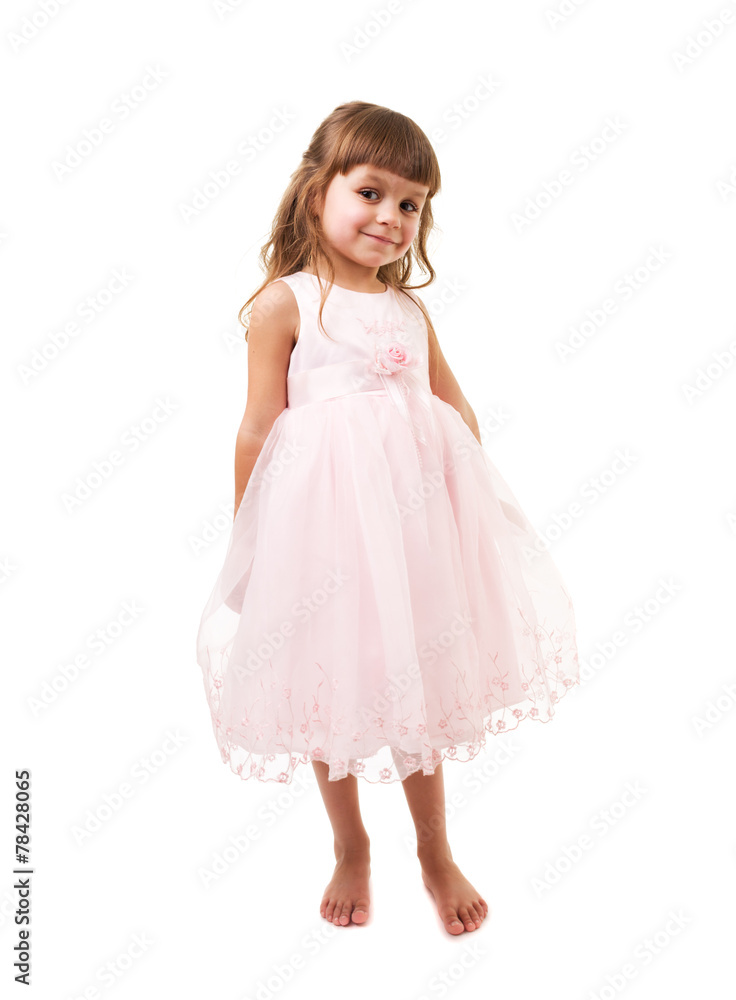 beautiful young girl in a pink dress, isolated on white