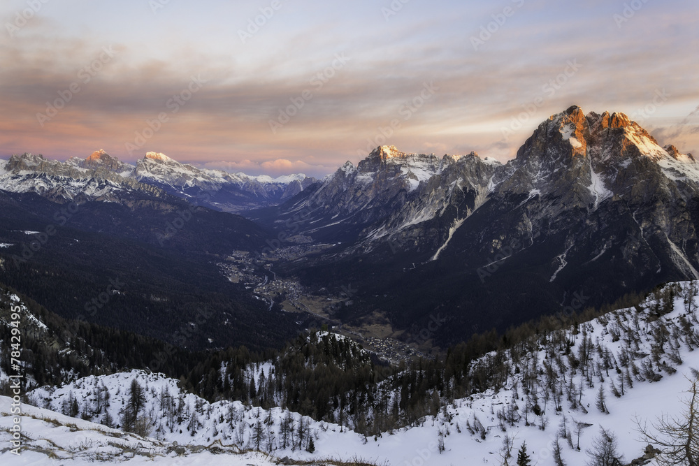Cadore valley during the sunrise in winter