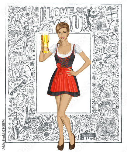 Vector Cute Woman In Drindl With Beer Against Love Background