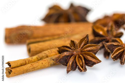 Star anise and cinnamon isolated on white background