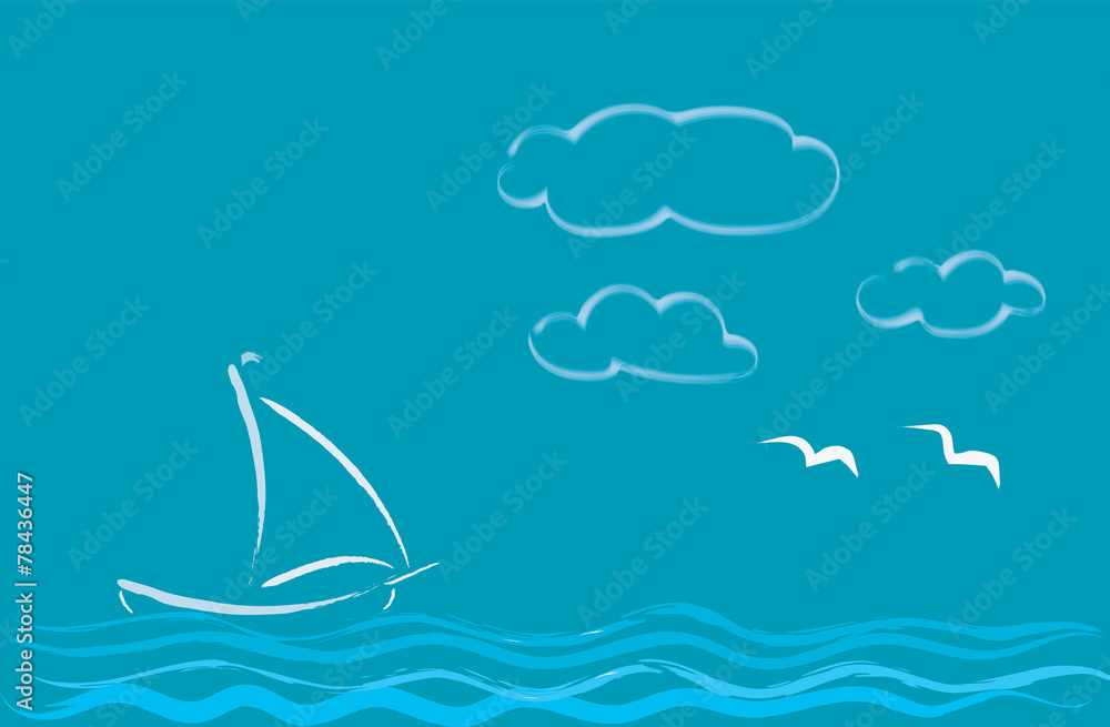Sea romance sailboat floating on the sea waves on a turquoise background. Sea romance sailboat floating on the sea waves on a turquoise background.