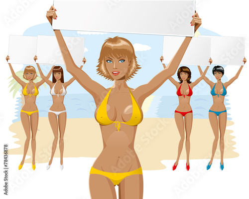 Beautiful girl in bikini with empty board