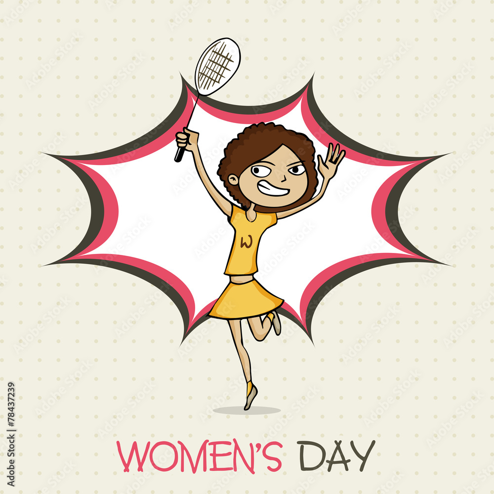 Funny girl cartoon playing badminton for Happy Women's Day. Stock Vector | Adobe Stock Funny girl cartoon playing badminton for Happy Women's Day. Stock Vector | Adobe Stock
