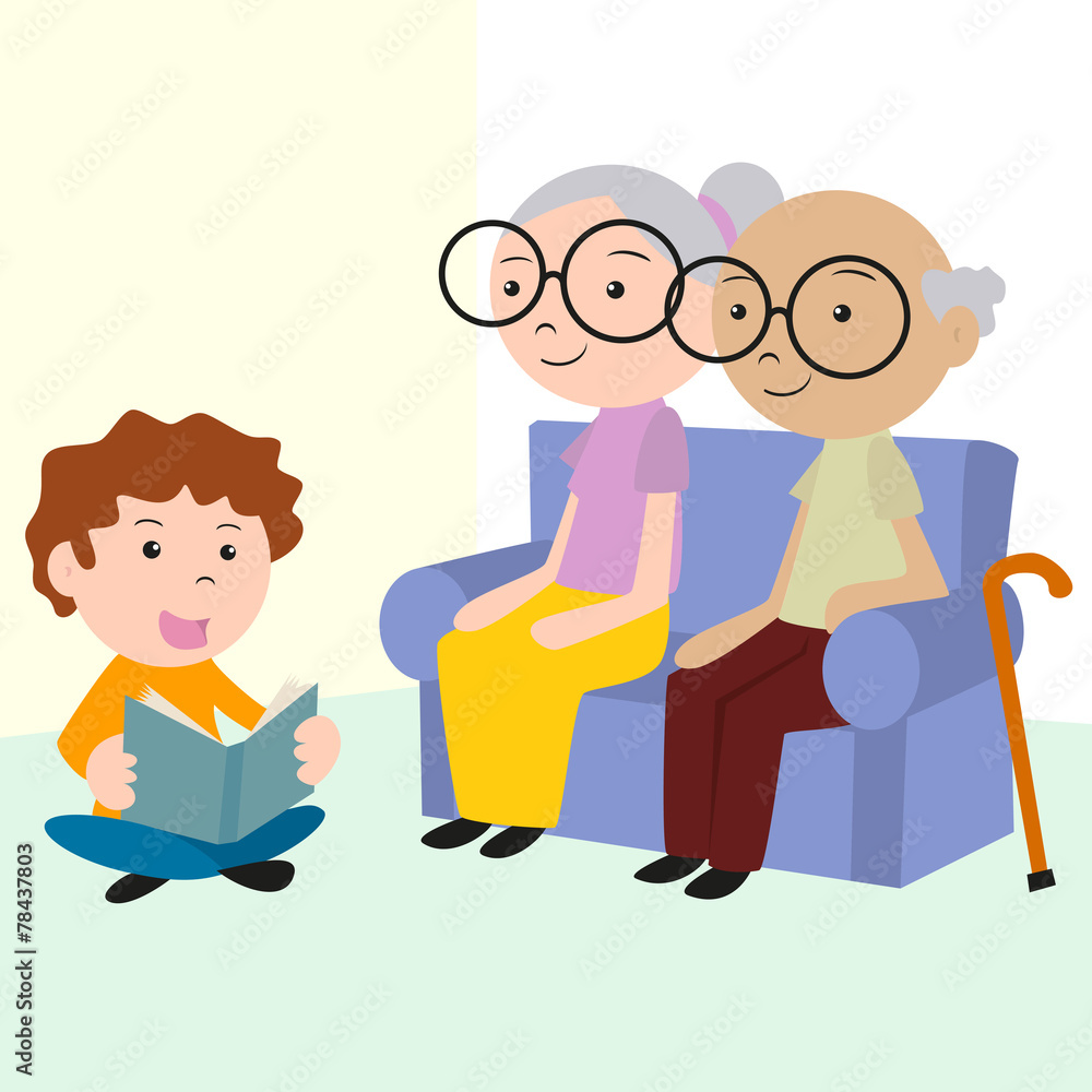 Child caring elderly, reading book, vector illustration