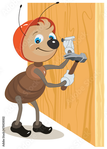 Ant builder hammers a nail hammered into a wooden board