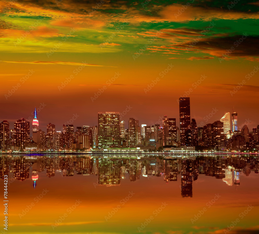 Manhattan New York sunset skyline from East