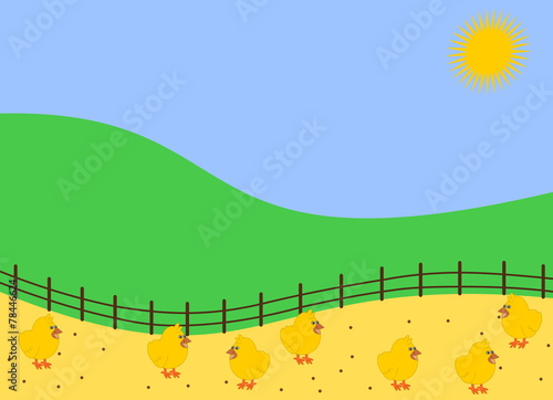 chickens in the barnyard pecking grain