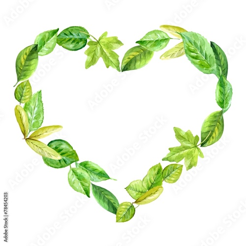 frame heart made of various leaves in watercolor