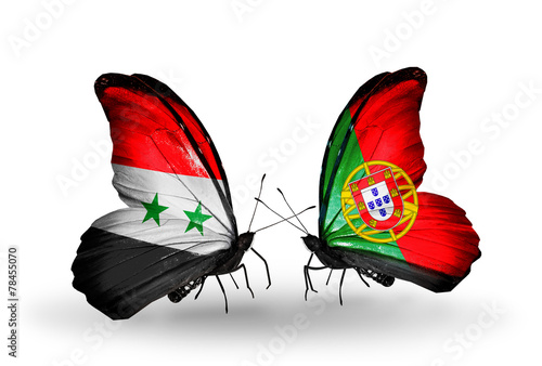 Fototapeta Naklejka Na Ścianę i Meble -  Two butterflies with flags Syria and Portugal