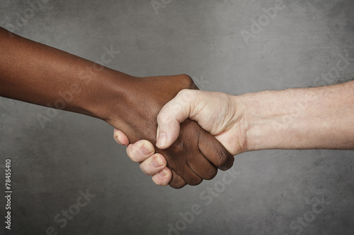 Bild auf Leinwand poignée de mains homme blanc femme noire