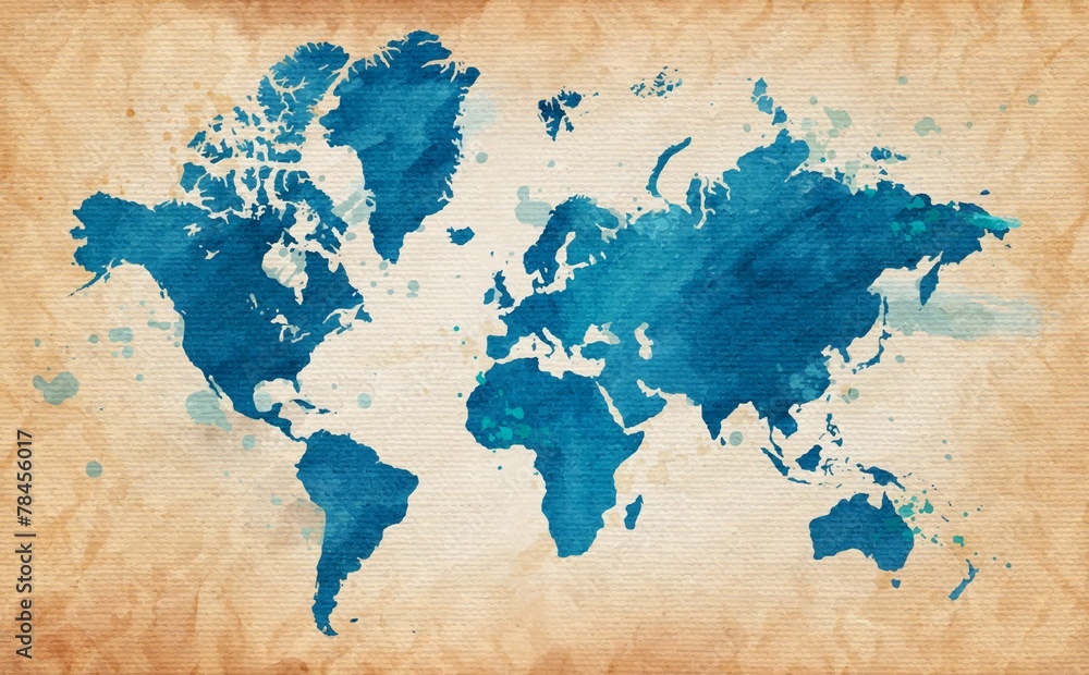 map of the world with a textured background and watercolor spots