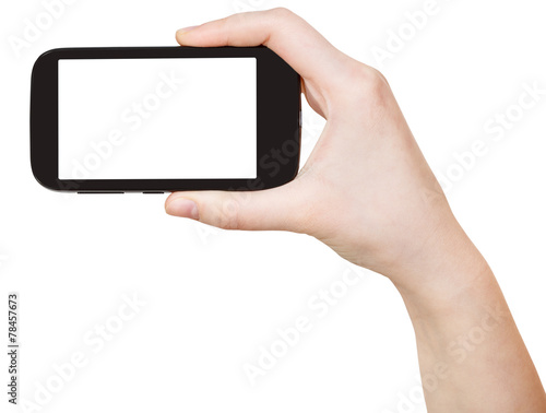 hand holding touchscreen phone isolated