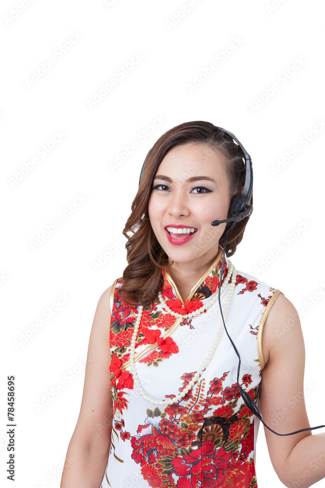 Support phone operator in headset at workplace, Happy chinese ne Support phone operator in headset at workplace, Happy chinese ne