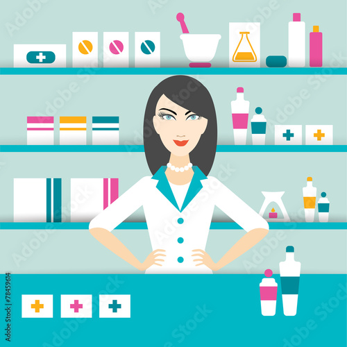 Brunette doctor woman in drug, pharmacy store. Flat design.