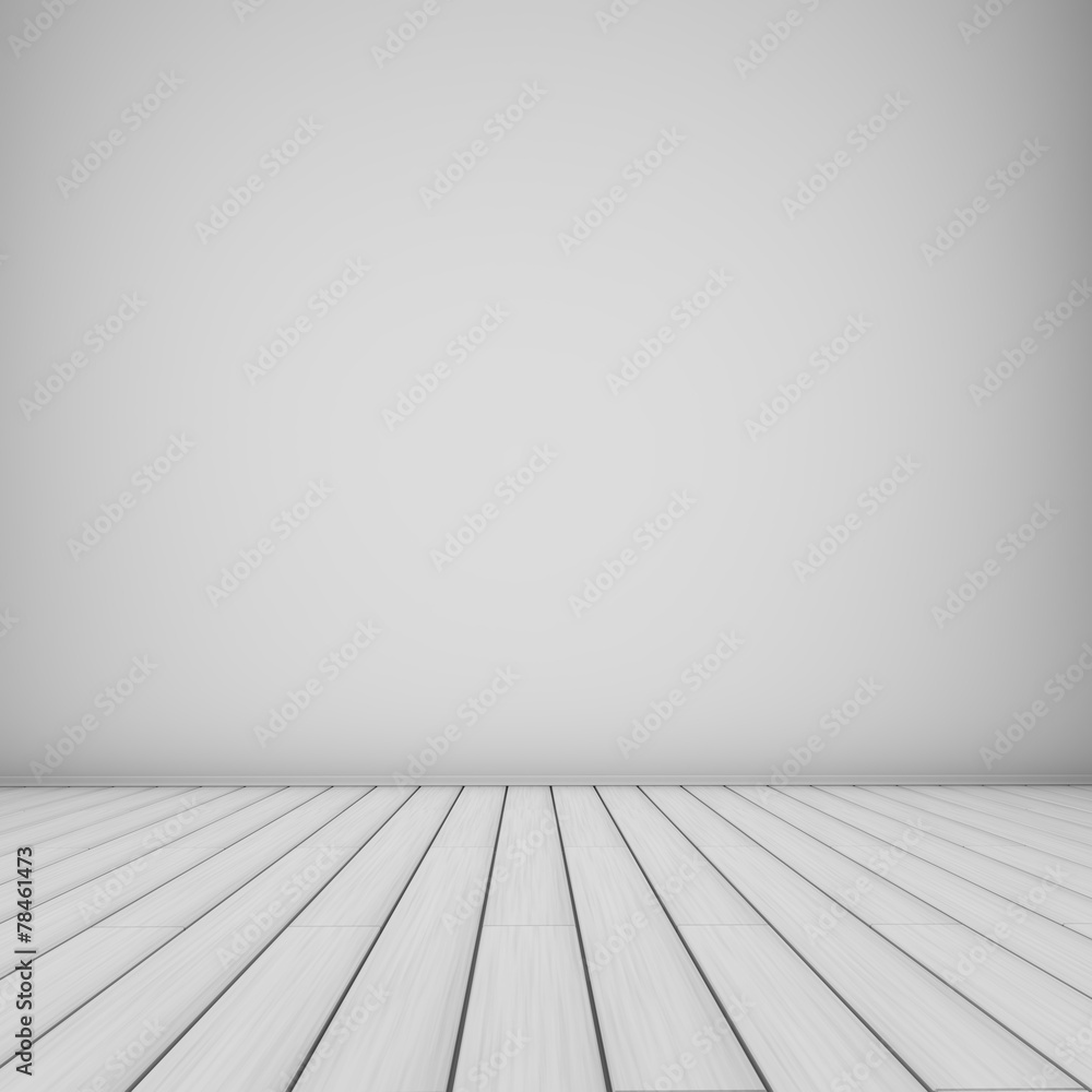 Empty white room background wooden planks floor.
