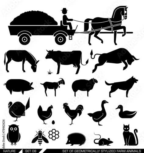 Set of geometrically stylized farm animals