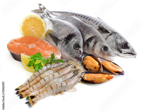 Fresh fish and other seafood isolated on white photo