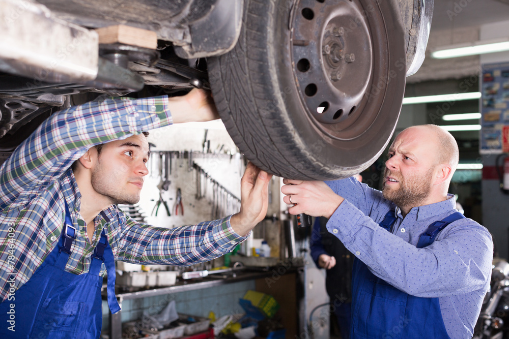 Professional mechanics repairing car