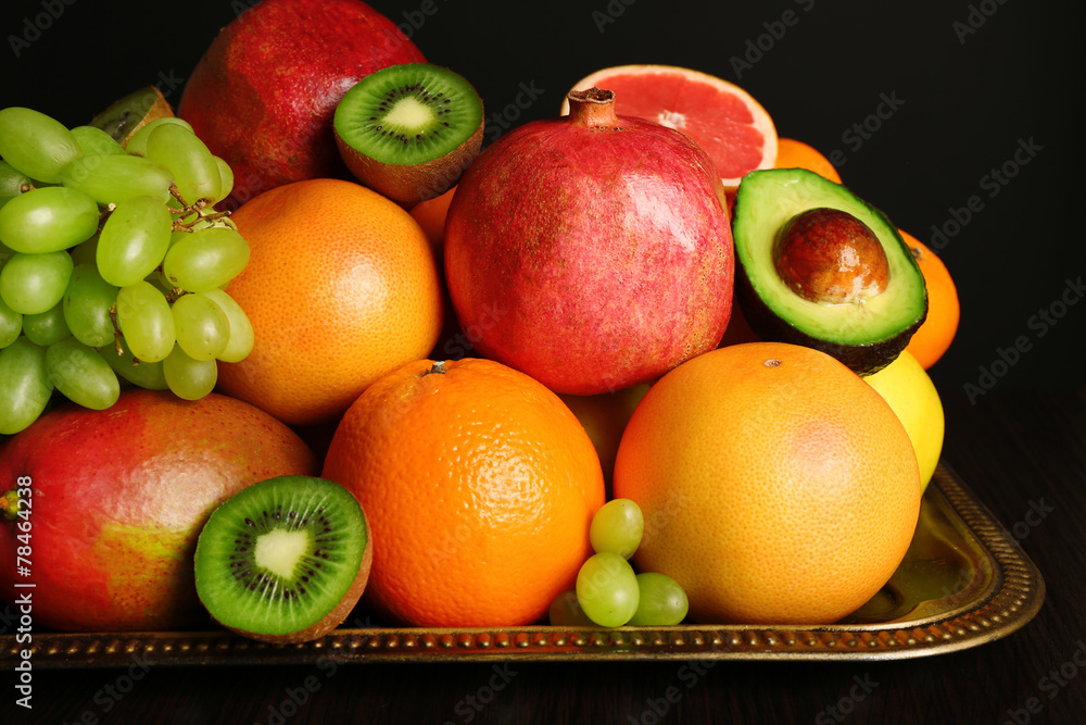 Assortment of fruits on table, close-up