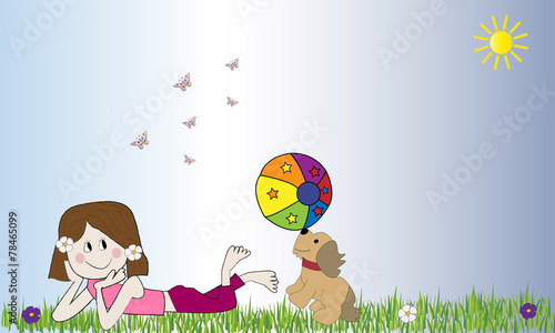 Niña descansando con su perro en el césped