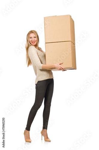 Woman with boxes relocating to new house isolated on white © Elnur