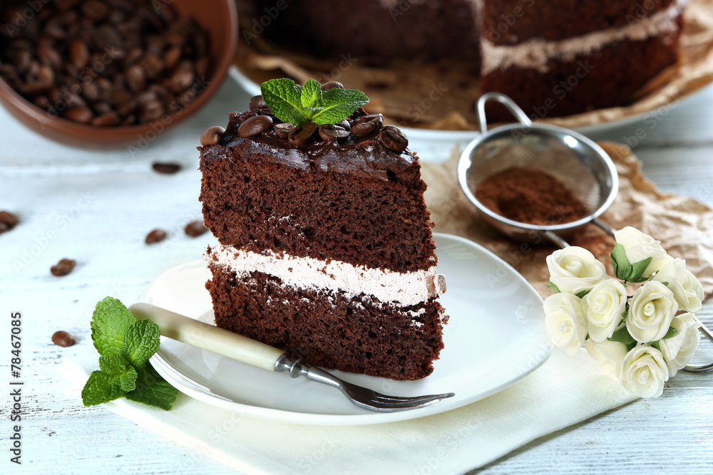Delicious chocolate cake on table close-up Delicious chocolate cake on table close-up