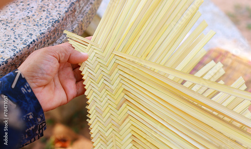 Hand a Women weave pattern hand bamboo the handicraft,  Women weave pattern hand bamboo, Bamboo weaving, handicraft, traditional, basketweave, ancient, bamboo..